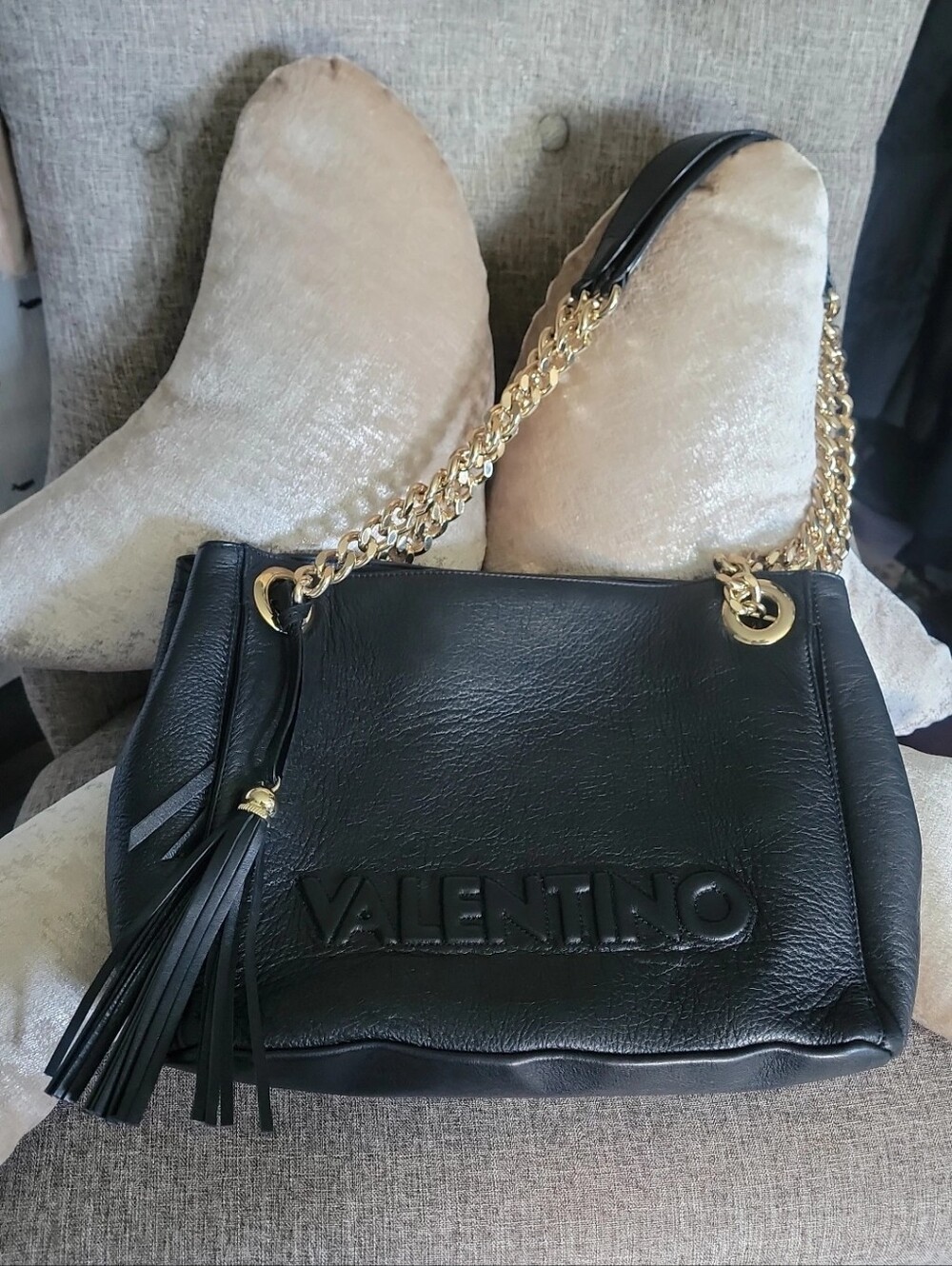 Valentino Black Leather Shoulder Bag with Gold Chain